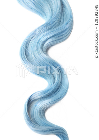 Light blue curly hair strand isolated, pastel hair extension or dye reference, whimsical texture 129292849