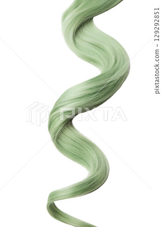 Wavy emerald green hair strand, hair color swatch isolated on transparent background 129292851