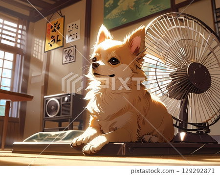 吉娃娃在日式房間內用風扇納涼 129292871