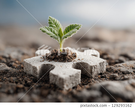 Nature driven innovation puzzle sustainable business concept with green plant growing on concrete puzzle piece in soil 129293162