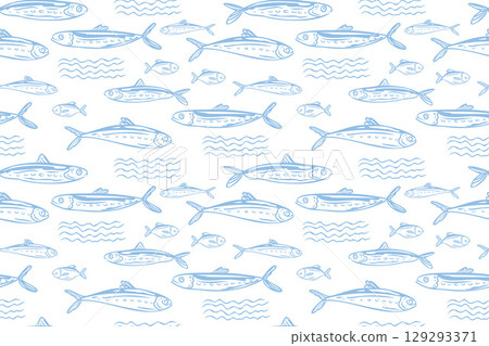 Sardines, fish, seafood, seamless pattern vector illustration, hand drawn sketch. Sardines, fish, seafood, seamless pattern vector illustration, hand drawn sketch. 129293371