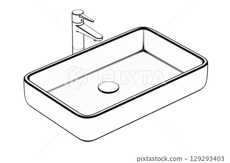 Sketch of square shaped bathroom sink and faucet 129293403