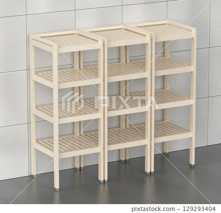 Empty wooden shelving units 129293404