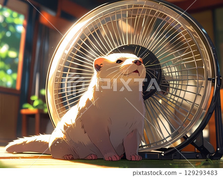 Ferret cooling off in front of a fan Ferret cooling off in front of a fan 129293483