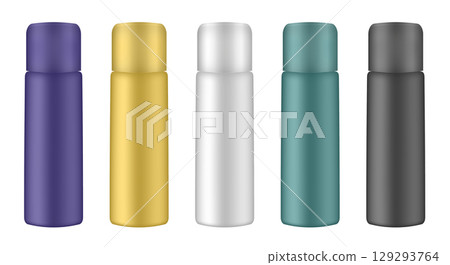 Set of cosmetic bottles with cap. Yellow, green, black, purple and white bottles. 129293764