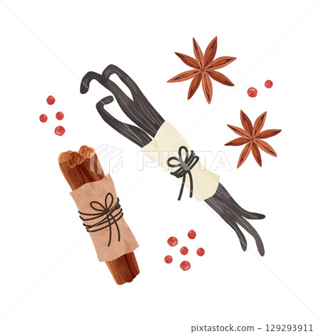 一套香草、肉桂條和八角茴香。水彩手繪插圖。 129293911