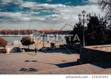 Autumn View of Pedestrian Bridge in Kyiv, Ukraine 129293955