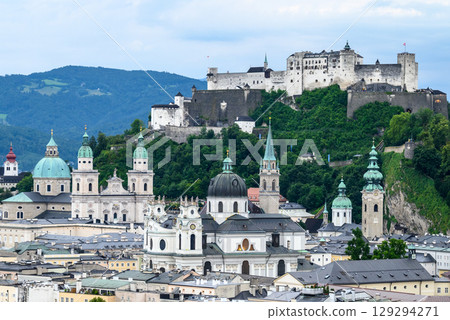 Historic old town of Salzburg and Hohensalzburg Fortress atop the Festungsberg hill in Salzburg, Austria 129294271