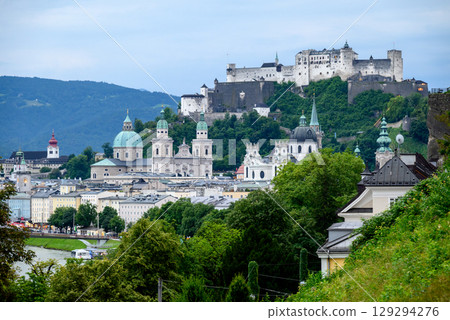 Historic old town of Salzburg and Hohensalzburg Fortress atop the Festungsberg hill in Salzburg, Austria 129294276
