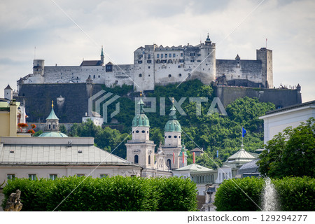 Historic old town of Salzburg and Hohensalzburg Fortress atop the Festungsberg hill in Salzburg, Austria 129294277