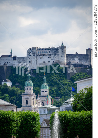 Historic old town of Salzburg and Hohensalzburg Fortress atop the Festungsberg hill in Salzburg, Austria 129294278