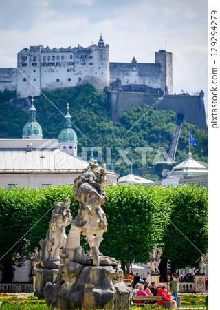 Historic old town of Salzburg and Hohensalzburg Fortress atop the Festungsberg hill in Salzburg, Austria 129294279