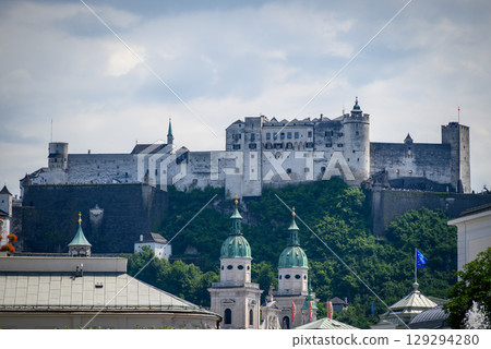 Historic old town of Salzburg and Hohensalzburg Fortress atop the Festungsberg hill in Salzburg, Austria 129294280