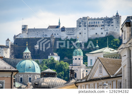 Historic old town of Salzburg and Hohensalzburg Fortress atop the Festungsberg hill in Salzburg, Austria 129294282