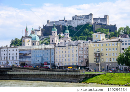Historic old town of Salzburg and Hohensalzburg Fortress atop the Festungsberg hill in Salzburg, Austria 129294284