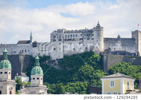 Historic old town of Salzburg and Hohensalzburg Fortress atop the Festungsberg hill in Salzburg, Austria 129294285