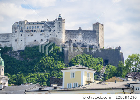Historic old town of Salzburg and Hohensalzburg Fortress atop the Festungsberg hill in Salzburg, Austria 129294286