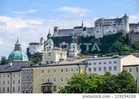 Historic old town of Salzburg and Hohensalzburg Fortress atop the Festungsberg hill in Salzburg, Austria Historic old town of Salzburg and Hohensalzburg Fortress atop the Festungsberg hill in Salzburg, Austria 129294288