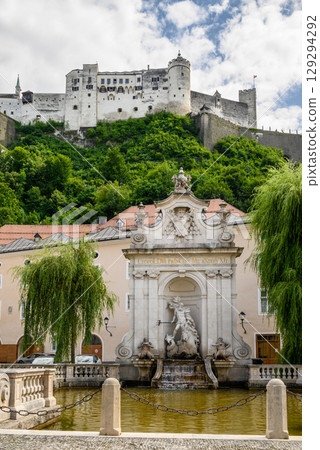 Historic old town of Salzburg and Hohensalzburg Fortress atop the Festungsberg hill in Salzburg, Austria 129294292