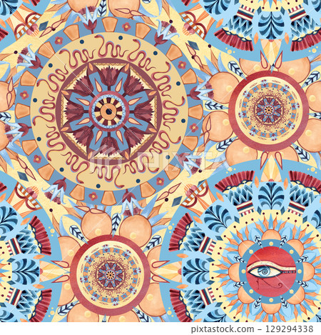 Arabesque round seamless tribal pattern, eye of Horus, ancient oriental ornament. Geometric figures, sacred lotus, abstract palm. Watercolor illustration isolated on yellow background for textile 129294338