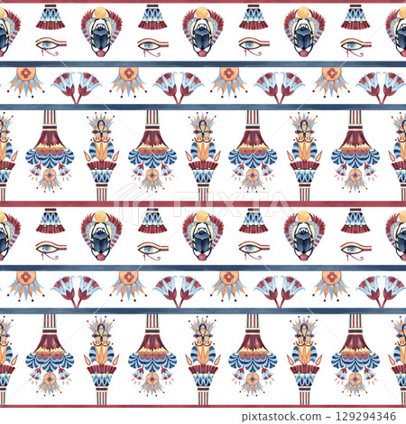 Egyptian seamless tribal pattern. Scarab beetle, eye of Horus, sacred lotus vases. Oriental ancient Arab symbols, horizontal lines ornament. Abstract watercolor illustration isolated from background 129294346