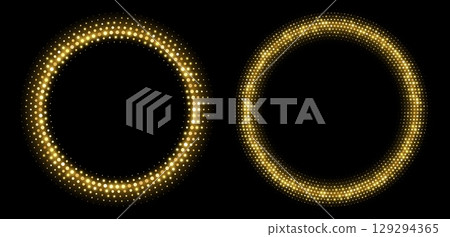Golden halftone frames, glowing circle borders, round pattern with dots, radial disco luxury design element. Golden halftone frames, glowing circle borders, round pattern with dots, radial disco luxury design element. 129294365