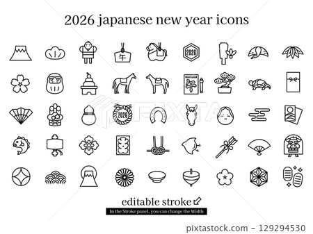 日本新年圖標集 2026 馬年（可編輯描邊） 129294530