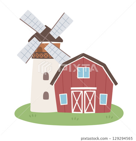一幅時尚的鄉村風格農場插圖，有一排紅色的房子和風車 129294565