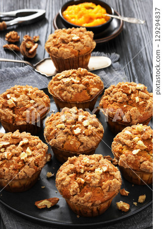 sweet potato muffins with streusel nut topping 129294837