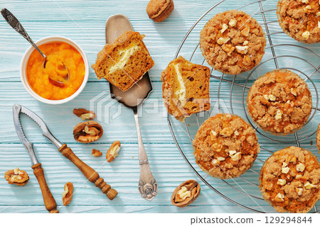 sweet potato muffins with streusel nut topping 129294844