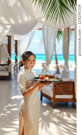 Beautiful Asian woman waiter carrying on tray drinks while working in restaurant. Beautiful Asian woman waiter carrying on tray drinks while working in restaurant. 129295104