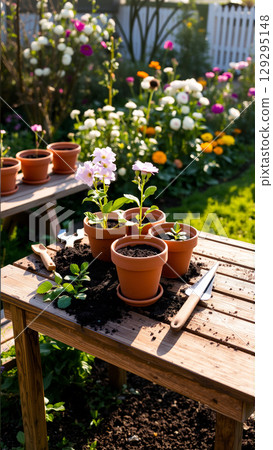 Transplanting flowers into flower pots outdoors in a summer cottage on a sunny day 129295148