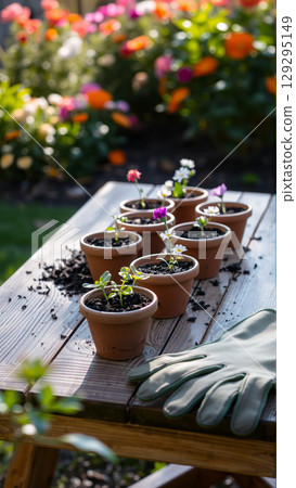 Transplanting flowers into flower pots outdoors in a summer cottage on a sunny day Transplanting flowers into flower pots outdoors in a summer cottage on a sunny day 129295149