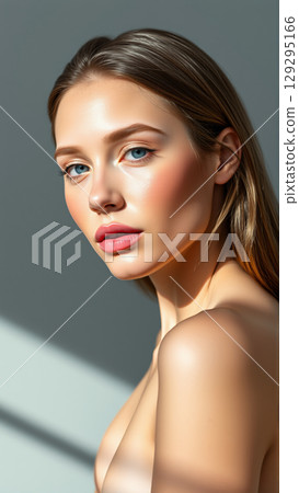 Portrait of a Beautiful Woman on an Isolated Gray Background 129295166
