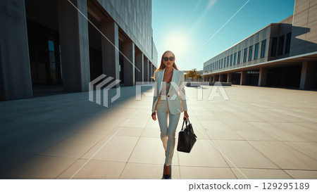 Successful beautiful businesswoman in white suit and sunglasses going to business meeting Successful beautiful businesswoman in white suit and sunglasses going to business meeting 129295189