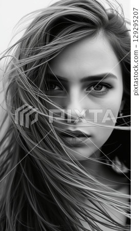 Monochrome portrait of a beautiful woman. Strong wind blows your hair 129295207