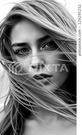 Monochrome portrait of a beautiful woman. Strong wind blows your hair 129295252