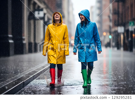 Two joyful adult women in bright raincoats and boots splash in puddles on a wet city street, laughing together 129295281
