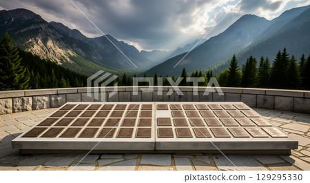 A solemn memorial with numerous plaques is located on a stone platform, with a dramatic mountain and forest landscape in the background 129295330