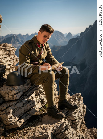 A young male soldier sits on a cliff edge with a thoughtful, serious expression, writing a letter in a rocky mountain landscape 129295336
