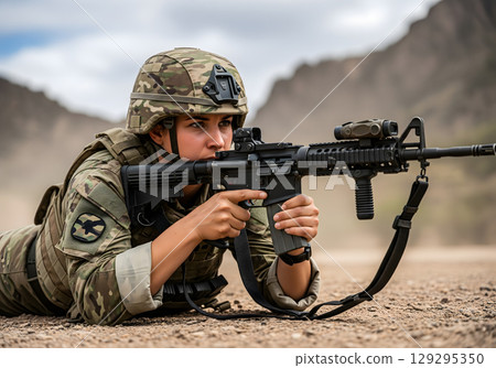 A woman soldier in her 20s, with a serious and focused expression, lies in a prone position, aiming her rifle in a dusty, mountainous terrain A woman soldier in her 20s, with a serious and focused expression, lies in a prone position, aiming her rifle in a dusty, mountainous terrain 129295350