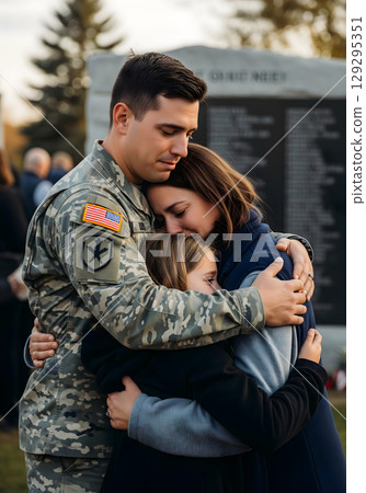 A military man, his wife, and their young daughter embrace, all appearing sad as they stand before a memorial A military man, his wife, and their young daughter embrace, all appearing sad as they stand before a memorial 129295351
