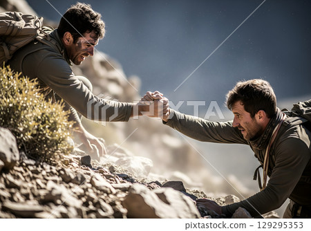 Two happy male mountain climbers in their 20s, with a feeling of adventure and triumph, help each other up a steep, rocky mountain path Two happy male mountain climbers in their 20s, with a feeling of adventure and triumph, help each other up a steep, rocky mountain path 129295353