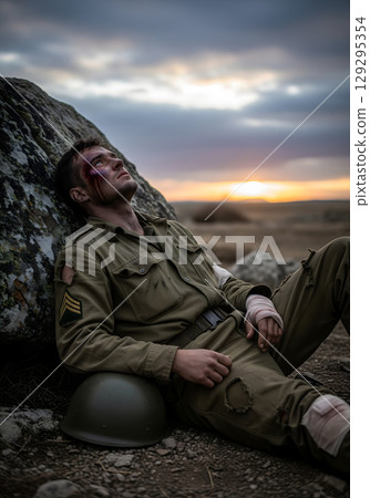 A sad, wounded soldier in his 20s, with a forlorn and exhausted expression, leans against a rock in a desolate landscape at sunset A sad, wounded soldier in his 20s, with a forlorn and exhausted expression, leans against a rock in a desolate landscape at sunset 129295354