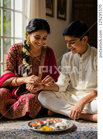 A joyful young woman and boy are smiling as she lovingly ties a Rakhi bracelet on his wrist during a traditional celebration A joyful young woman and boy are smiling as she lovingly ties a Rakhi bracelet on his wrist during a traditional celebration 129295370