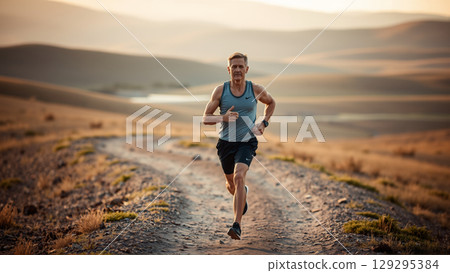 Portrait of a middle-aged man during a morning jog 129295384