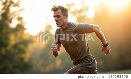 Portrait of a middle-aged man during a morning jog Portrait of a middle-aged man during a morning jog 129295396