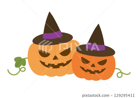 A cute Halloween illustration of two jack-o'-lanterns wearing witch hats with vines and leaves 129295411