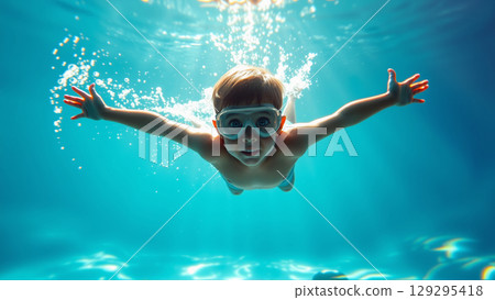 Portrait of a boy swimming underwater in a pool. A joyful child looks at the camera. 129295418