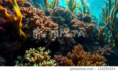 Underwater world, algae, corals, rocks at the bottom of the sea 129295424